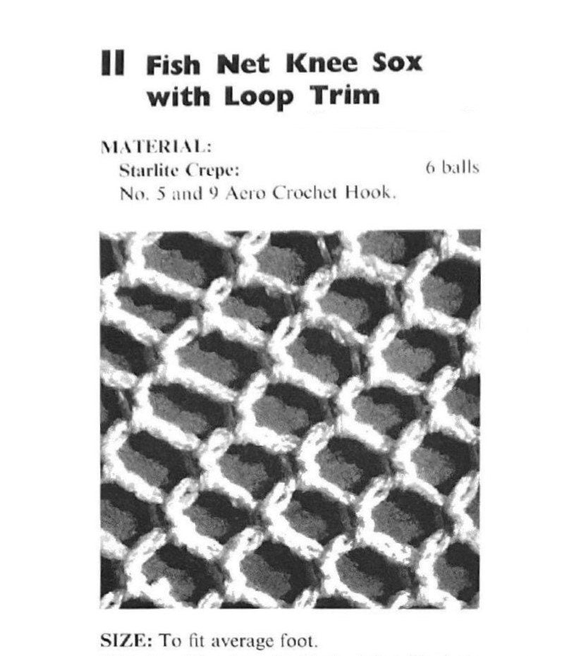 Vintage Crochet Pattern Womens Pretty Fish Net Knee Socks Loopy Trim PDF Instant Digital Download Retro Coquettish Ruffle Stockings 5 Ply