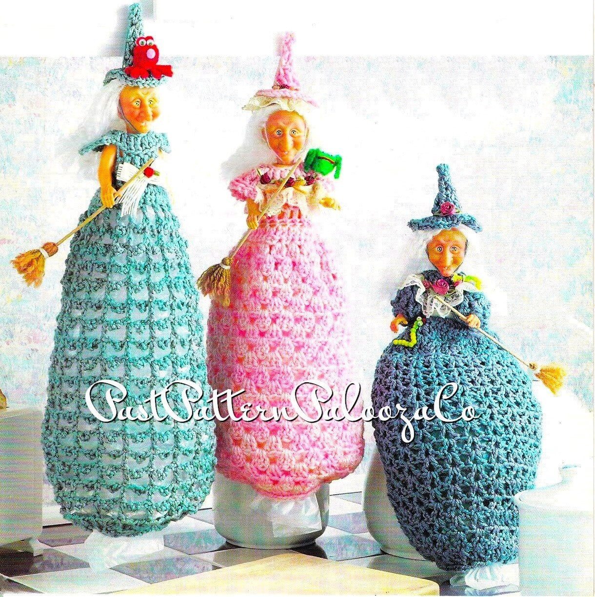 Vintage Crochet Pattern Kitchen Witch Bag Holders Catchers PDF Instant Digital Download 5 Witchy Designs Plastic Bag Organizers 10 Ply