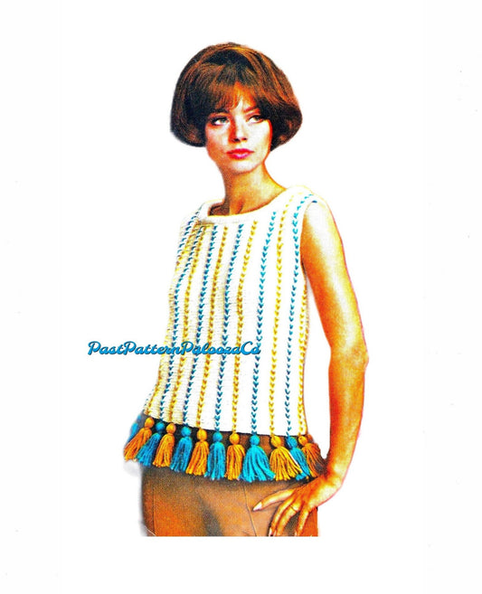 Vintage Knitting Pattern Womens Boho Short Sleeved Top Stripes and Tassels PDF Instant Digital Download Retro Groovy Hippie Chic 10 Ply