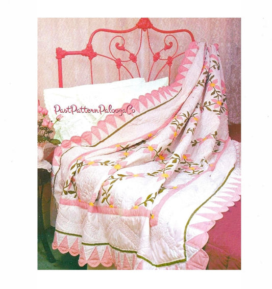 Vintage Sewing Pattern Pink Dogwood Bed Quilt Instant Digital Download Appliqued Flowering Tree Vines Bedspread