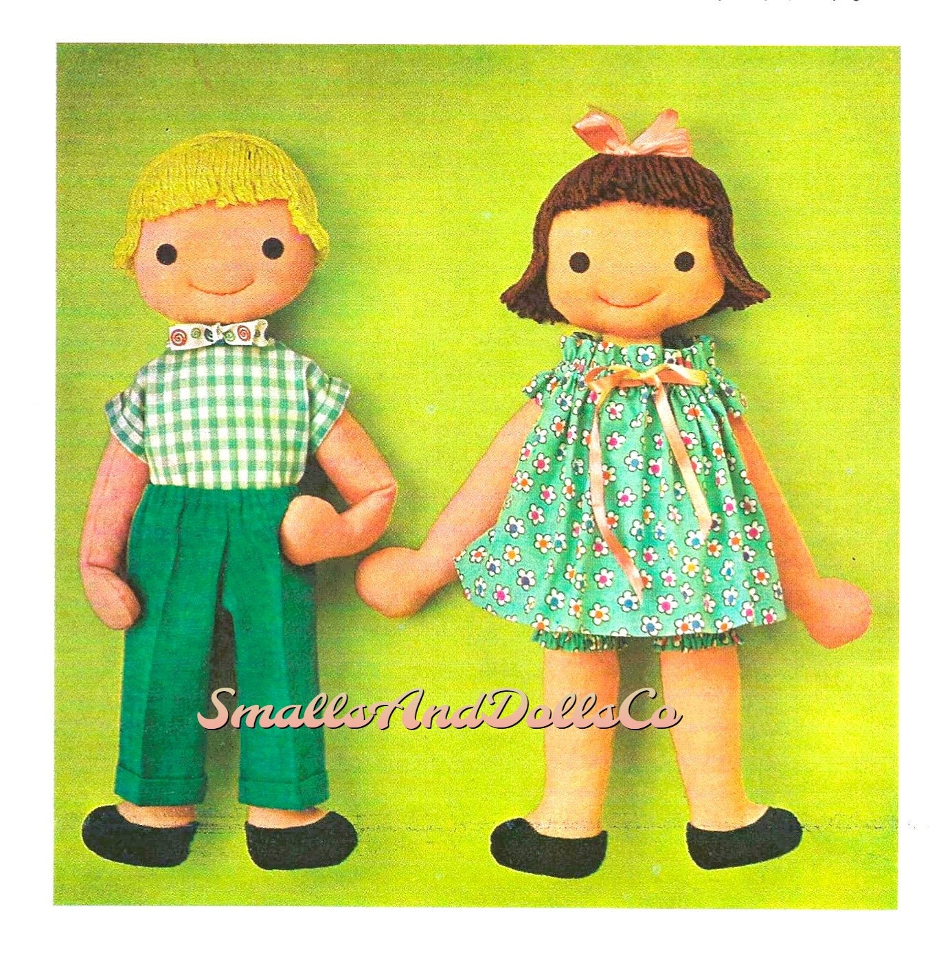 Vintage Sewing Pattern 21" Cuddly Couple Boy and Girl Soft Sculpture Toy Dolls PDF Instant Digital Download Cute Rag Dollies Yarn Hair