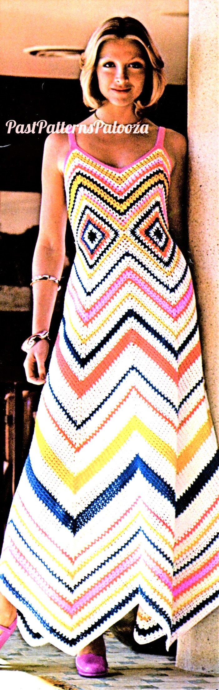 Vintage Crochet Pattern Womens Zig Zag Stripes Chevron Maxi Dress PDF Instant Digital Download Boho Granny Square Long Sundress
