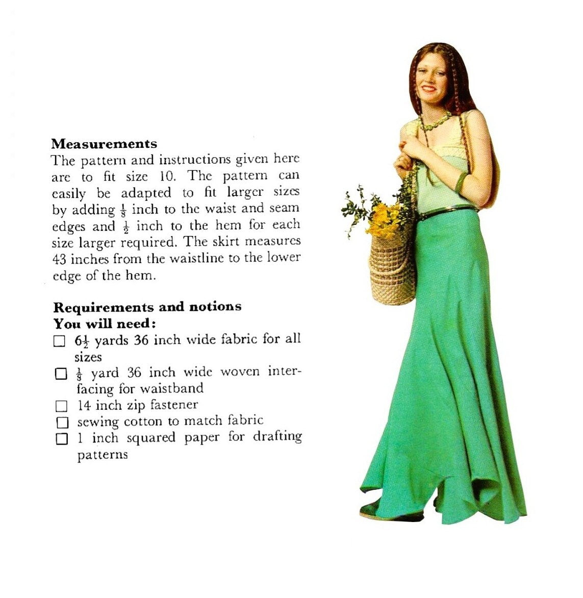 Vintage Sewing Pattern Womens Scalloped Gored Maxi Skirt PDF Instant Digital Download Retro Flared 70s Skirt Boho Hippie Gypsy Chic 1975