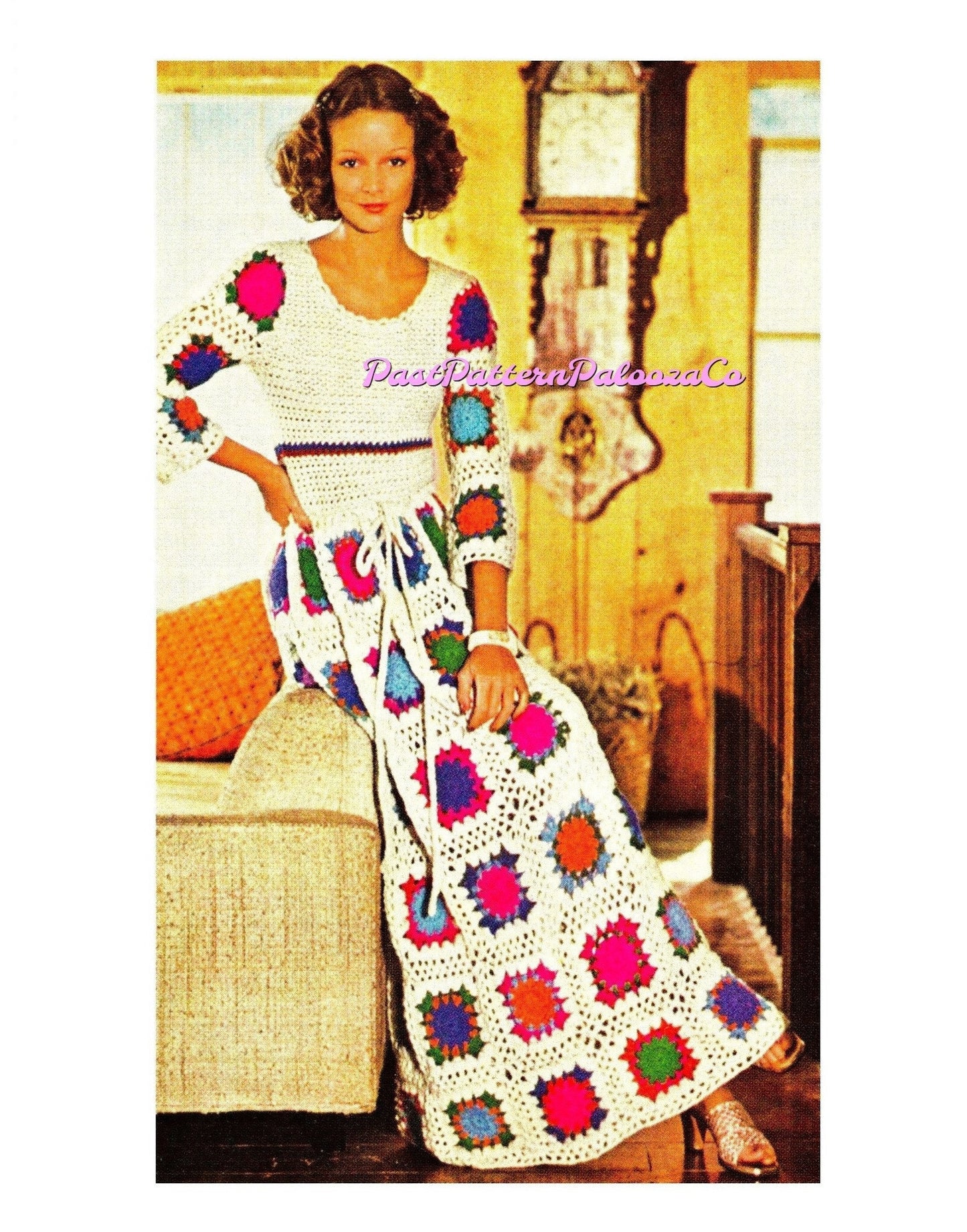 Vintage Crochet Pattern Womens Rainbow Granny Square Maxi Dress PDF Instant Digital Download Groovy Boho Long Festival Gown 5 Ply