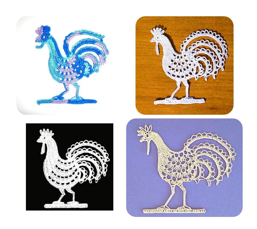 Vintage Thread Crochet Pattern Mini 3" Rooster Chicken Applique Lacy Embellishment PDF Instant Digital Download Workbook