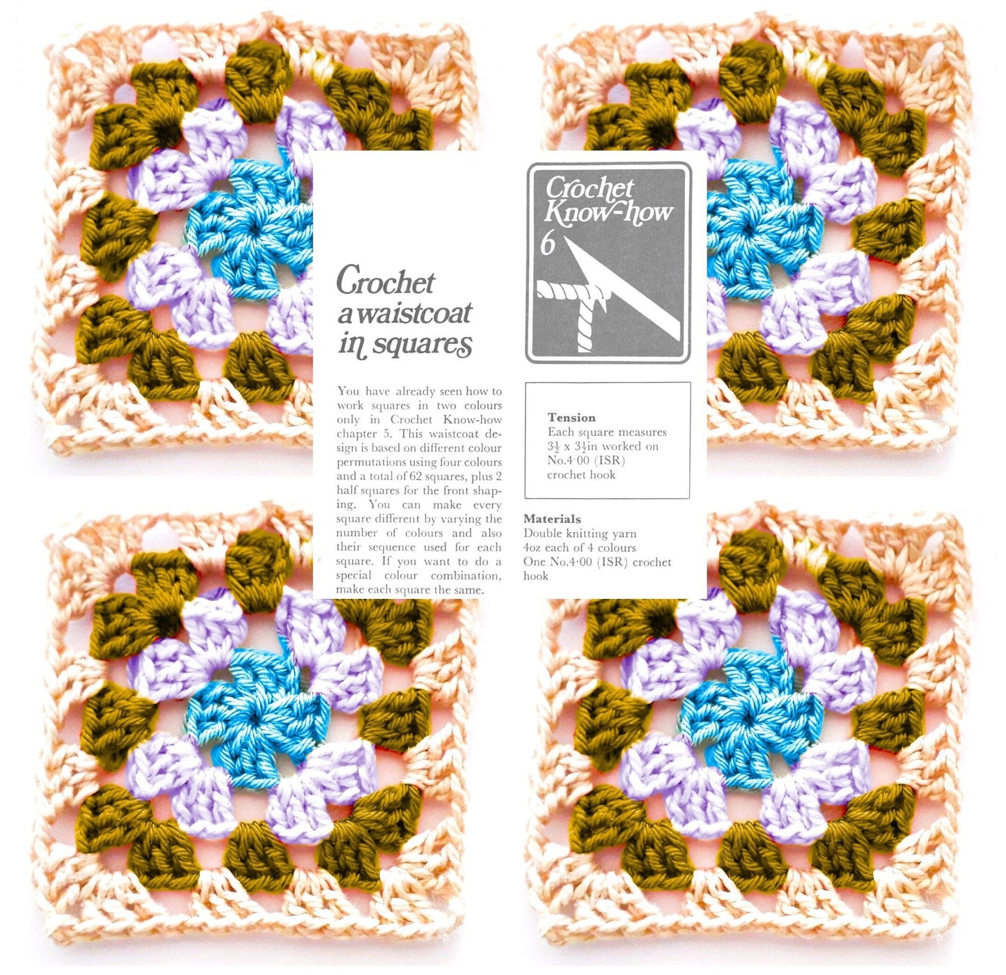 Vintage Crochet Pattern Womens Retro Classic OG Granny Square Motif Waistcoat Vest PDF Instant Digital Download Hippie Boho Chic DK