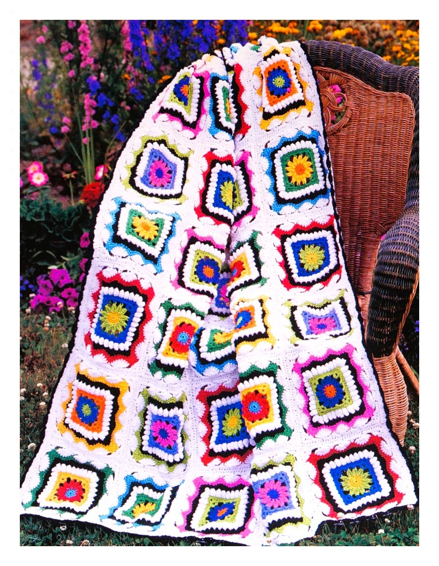 Vintage Crochet Pattern Kaleidoscope Flower Granny Square Afghan PDF Instant Digital Download Easy Beginners Throw Blanket 43x61 10 Ply