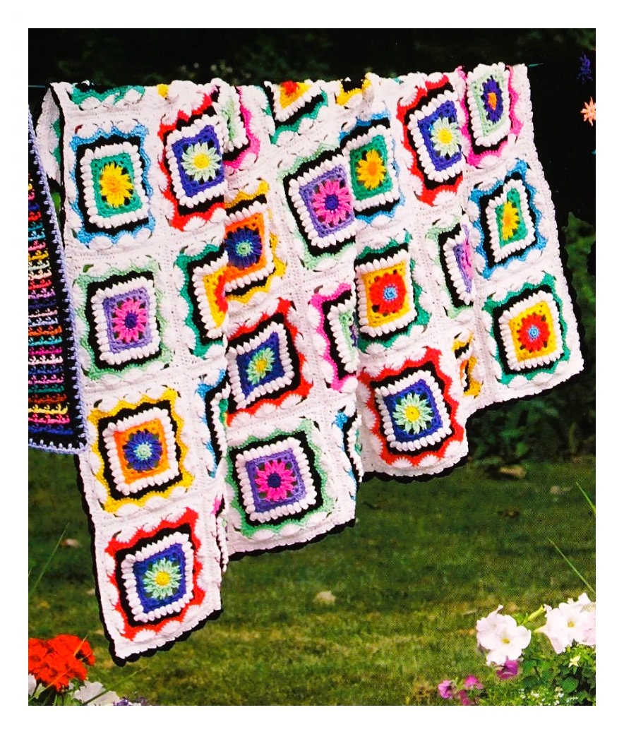 Vintage Crochet Pattern Kaleidoscope Flower Granny Square Afghan PDF Instant Digital Download Easy Beginners Throw Blanket 43x61 10 Ply