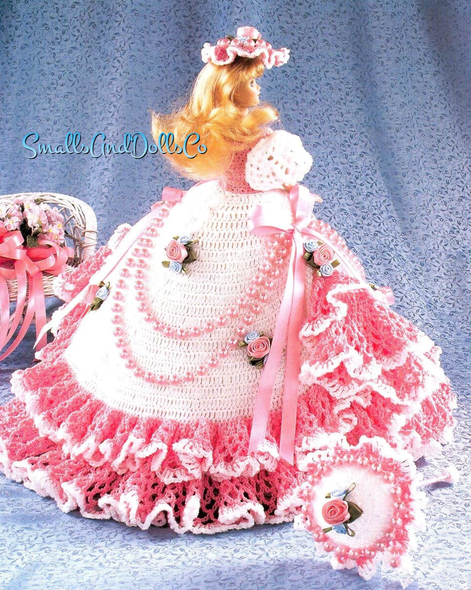 Vintage Crochet Pattern 11.5" Beautiful Fashion Doll Fancy Ruffle Dress Outfit PDF Instant Digital Download Embellished Gown