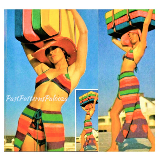 Vintage Knitting Pattern Retro Hearts and Stripes Rainbow Bikini & Beach Maxi Skirt PDF Instant Digital Download 1970s Boho Swimsuit 10 Ply