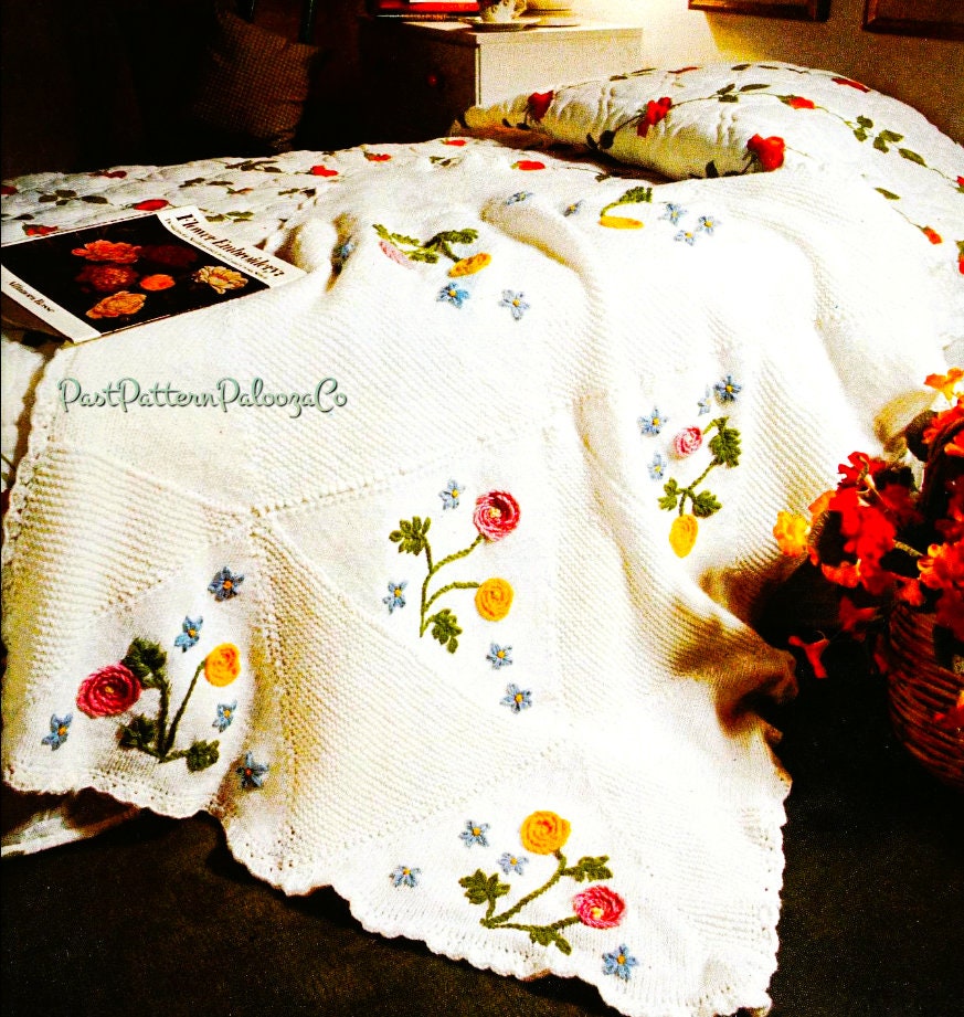 Vintage Knitting Pattern Wildflower Triangles Afghan Throw Bed Blanket PDF Instant Digital Download Embroidered Flowers Work 10 Ply