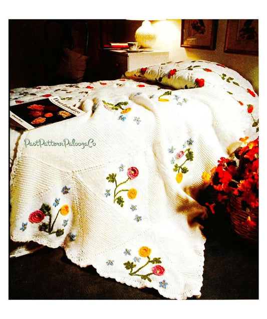 Vintage Knitting Pattern Wildflower Triangles Afghan Throw Bed Blanket PDF Instant Digital Download Embroidered Flowers Work 10 Ply
