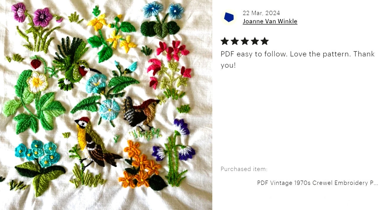 Vintage Crewel Embroidery Pattern Spring Birds Berries Plants Flower Blossoms Stitchery Motifs PDF Instant Digital Download Retro 1970s