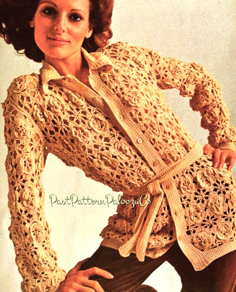 Vintage Crochet Pattern Womens Lace Overblouse Cardigan Top Stars Flowers Motif PDF Instant Digital Download Retro Boho Chic
