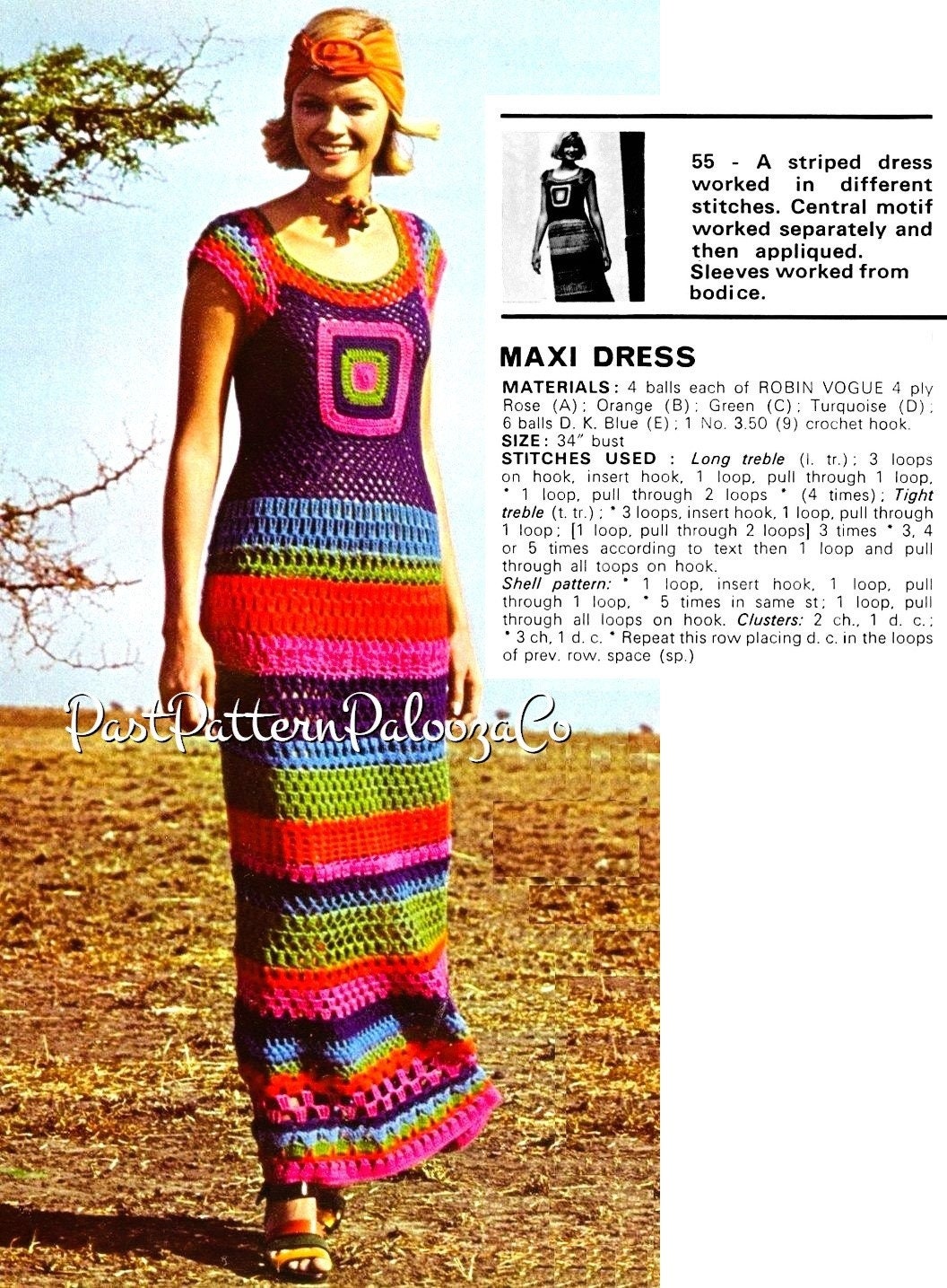 Vintage Crochet Pattern Womens Rainbow Granny Square Maxi Dress PDF Instant Digital Download Groovy Boho Long Summer Sundress 4 Ply