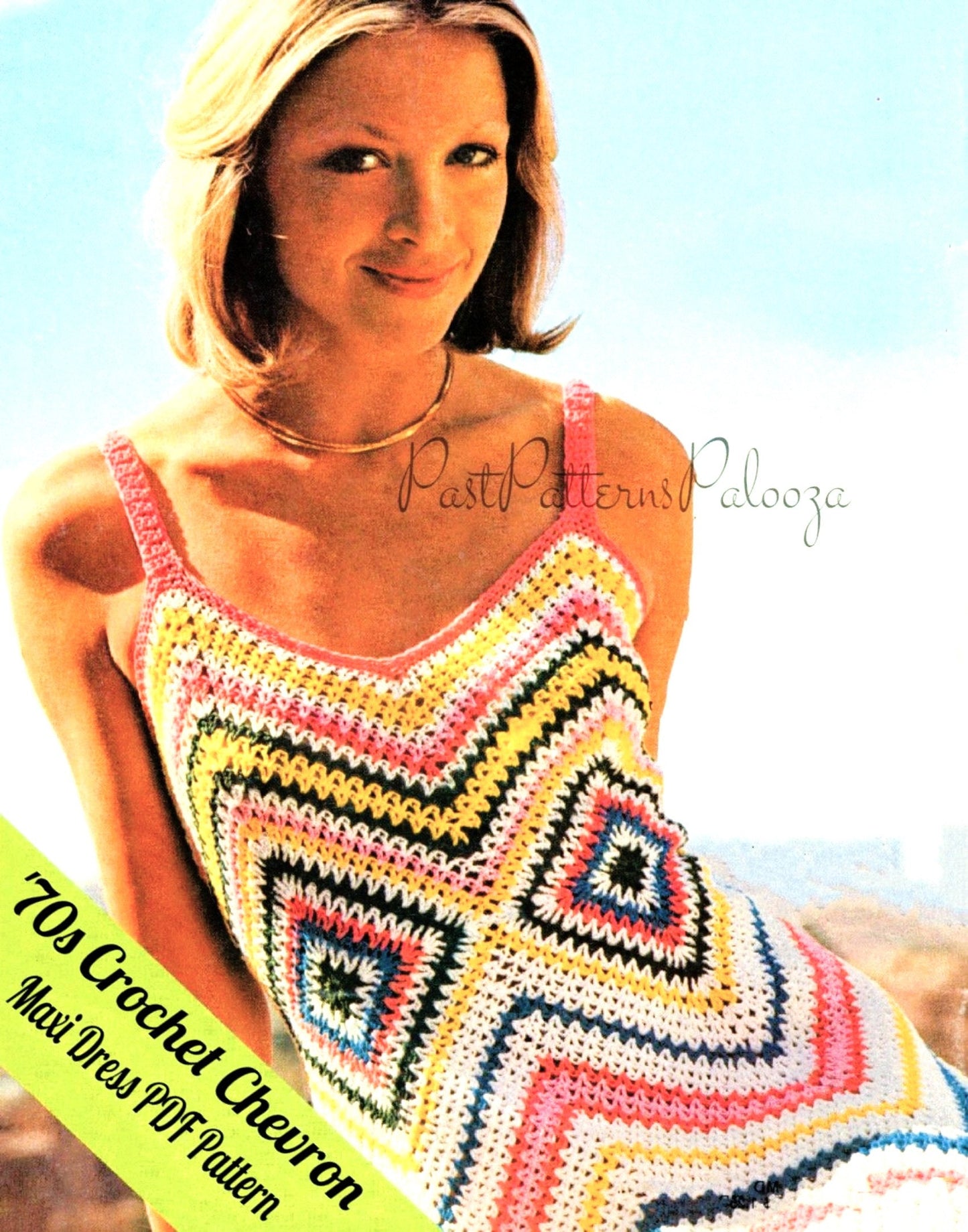 Vintage Crochet Pattern Womens Zig Zag Stripes Chevron Maxi Dress PDF Instant Digital Download Boho Granny Square Long Sundress