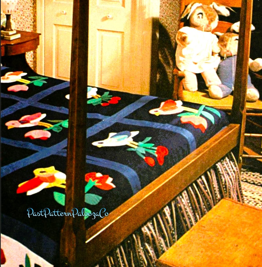 Vintage Sewing Pattern Bluebird Bed Quilt PDF Instant Digital Download Applique Birds Tulip Flower Cherry Blocks Cotton Fabric