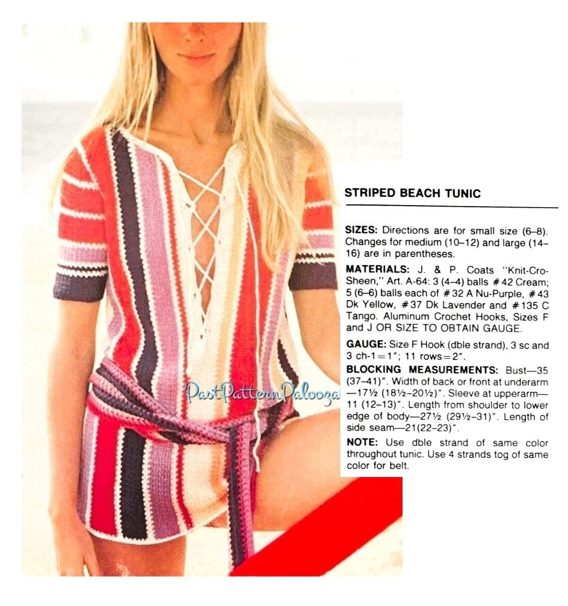 Vintage Crochet Pattern Womens Striped Lace Up Belted Beach Tunic Mini Dress Bikini Cover Up PDF Instant Digital Download Boho Hippie Chic