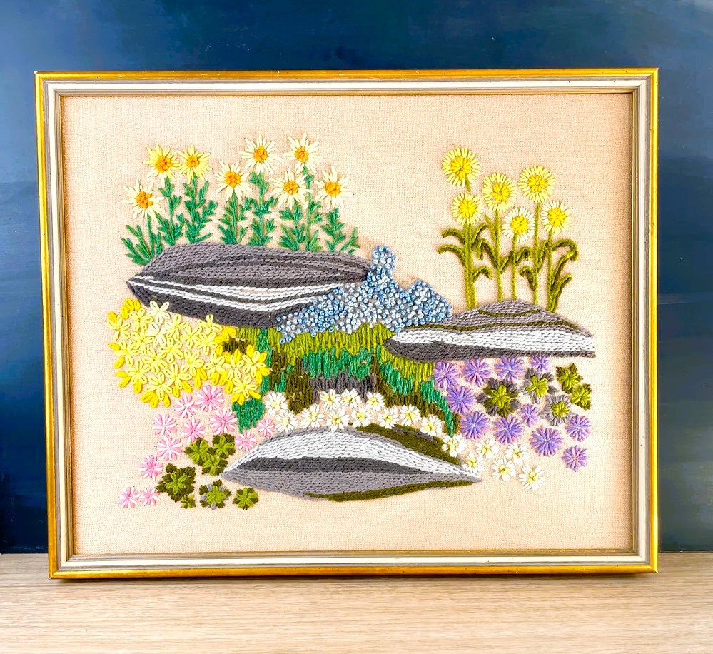 Vintage Crewel Embroidery Pattern Beautiful Rock Garden Flower Bed & Foliage Needlepoint PDF Instant Digital Download