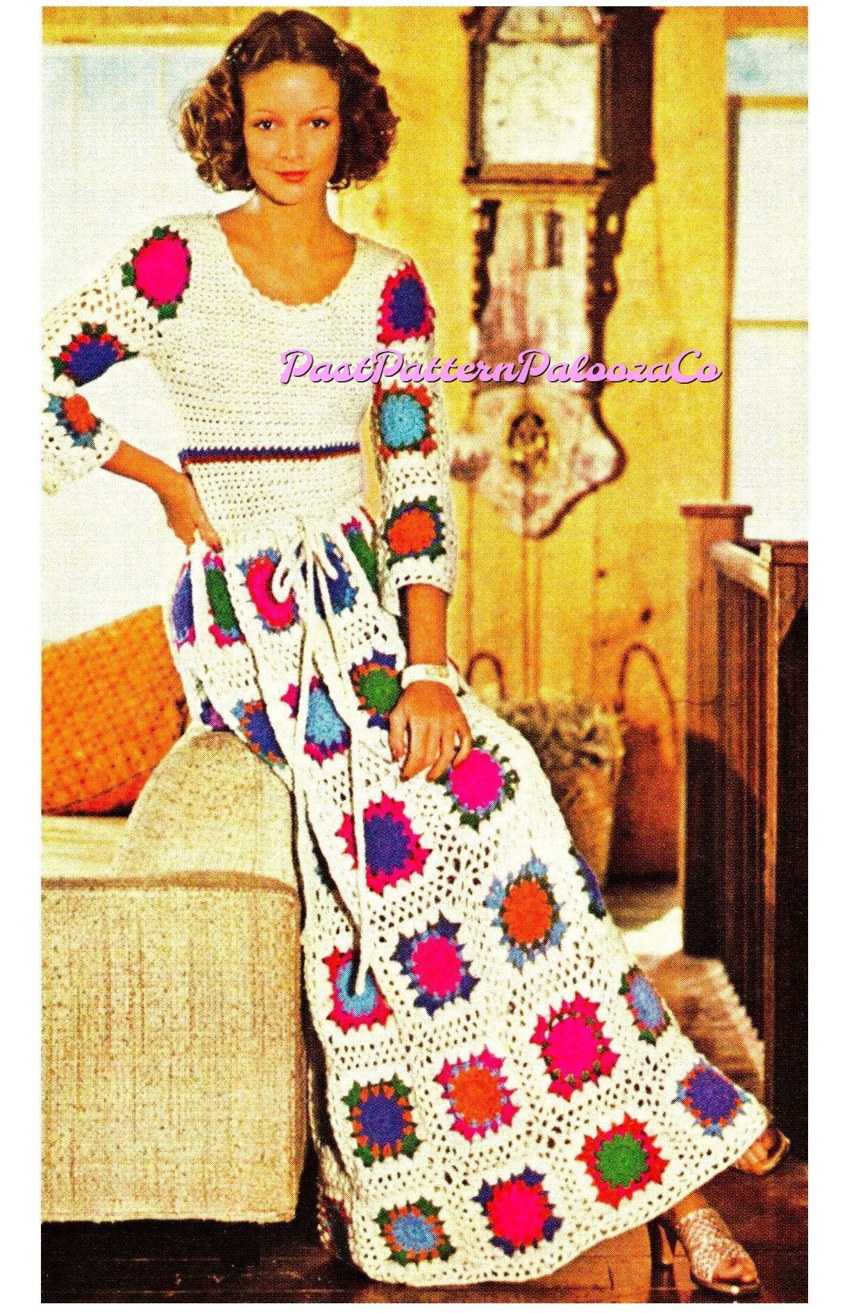 Vintage Crochet Pattern Womens Rainbow Granny Square Maxi Dress PDF Instant Digital Download Groovy Boho Long Festival Gown 5 Ply