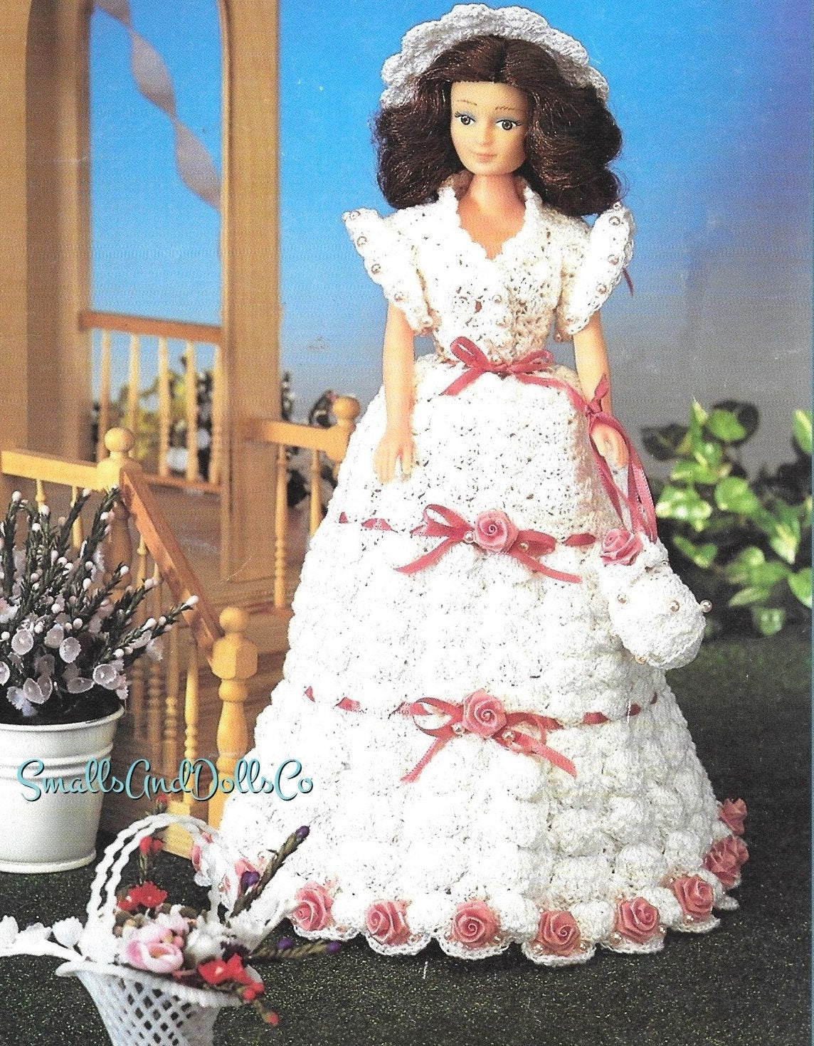 Vintage Crochet Pattern 11.5" Fashion Doll Pretty Garden Party Dress Outfit PDF Instant Digital Download Roses Ribbons Embellished Gown Hat