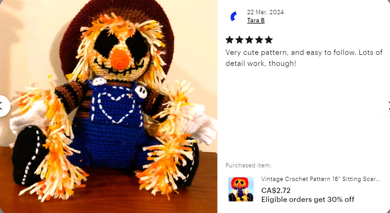 Vintage Crochet Pattern 16" Sitting Scarecrow Amigurumi Doll PDF Instant Digital Download Soft Toy Fall Autumn Holiday Doll 10 Ply