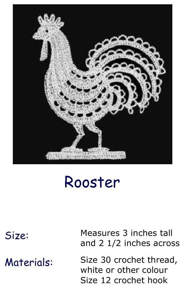 Vintage Thread Crochet Pattern Mini 3" Rooster Chicken Applique Lacy Embellishment PDF Instant Digital Download Workbook