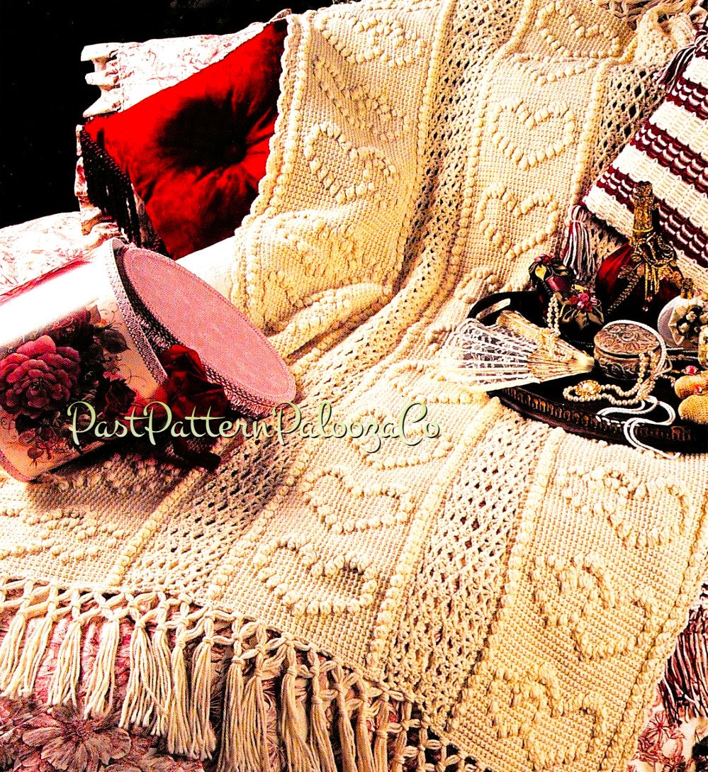 Vintage Crochet Pattern Victorian Hearts Paneled Afghan PDF Instant Digital Download Bobble Puff & Tunisian Stitch 10 Ply