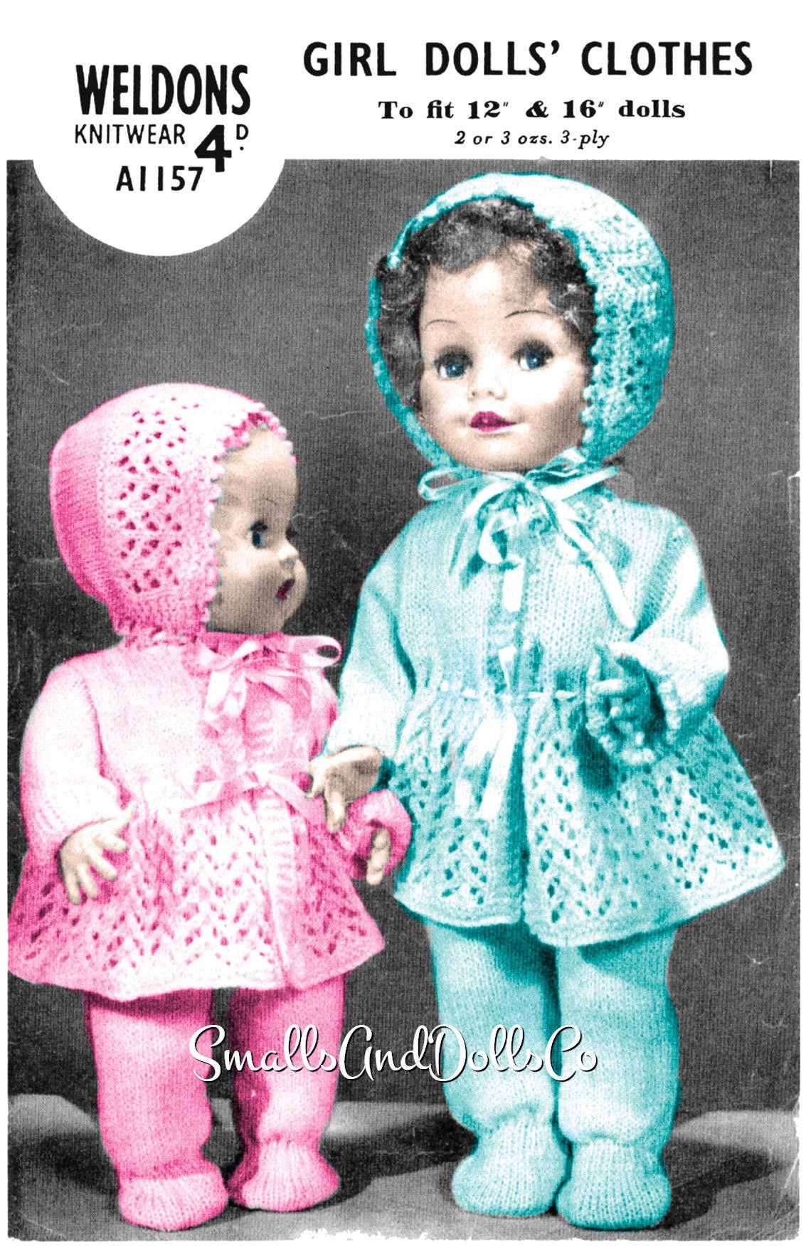 Vintage Knitting Pattern Doll Clothes 12 and 16 Inch Baby Dolls 3 Piece Sets Coat Bonnet Leggings PDF Instant Digital Download 3 Ply