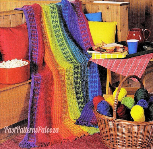Vintage Knitting Pattern Rainbow Stripe Bands Afghan Blanket PDF Instant Digital Download Scrap Yarn Throw 10 Colors 10 Ply