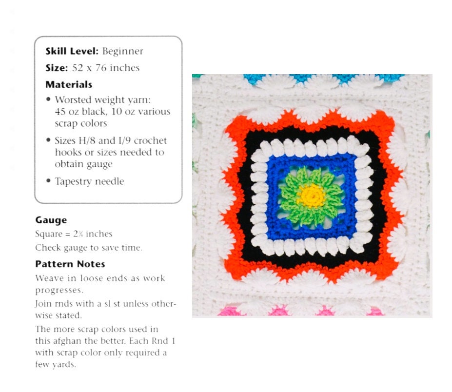 Vintage Crochet Pattern Kaleidoscope Flower Granny Square Afghan PDF Instant Digital Download Easy Beginners Throw Blanket 43x61 10 Ply