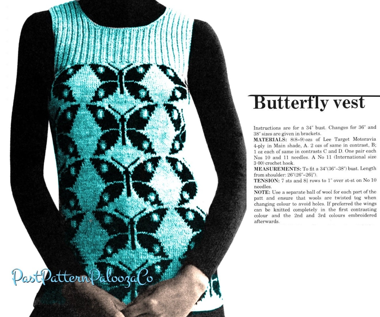 Vintage Knitting Pattern Womens Butterfly Vest Fair Isle Butterflies Ribbed Yoke PDF Instant Digital Download Retro Boho Chic 4 Ply