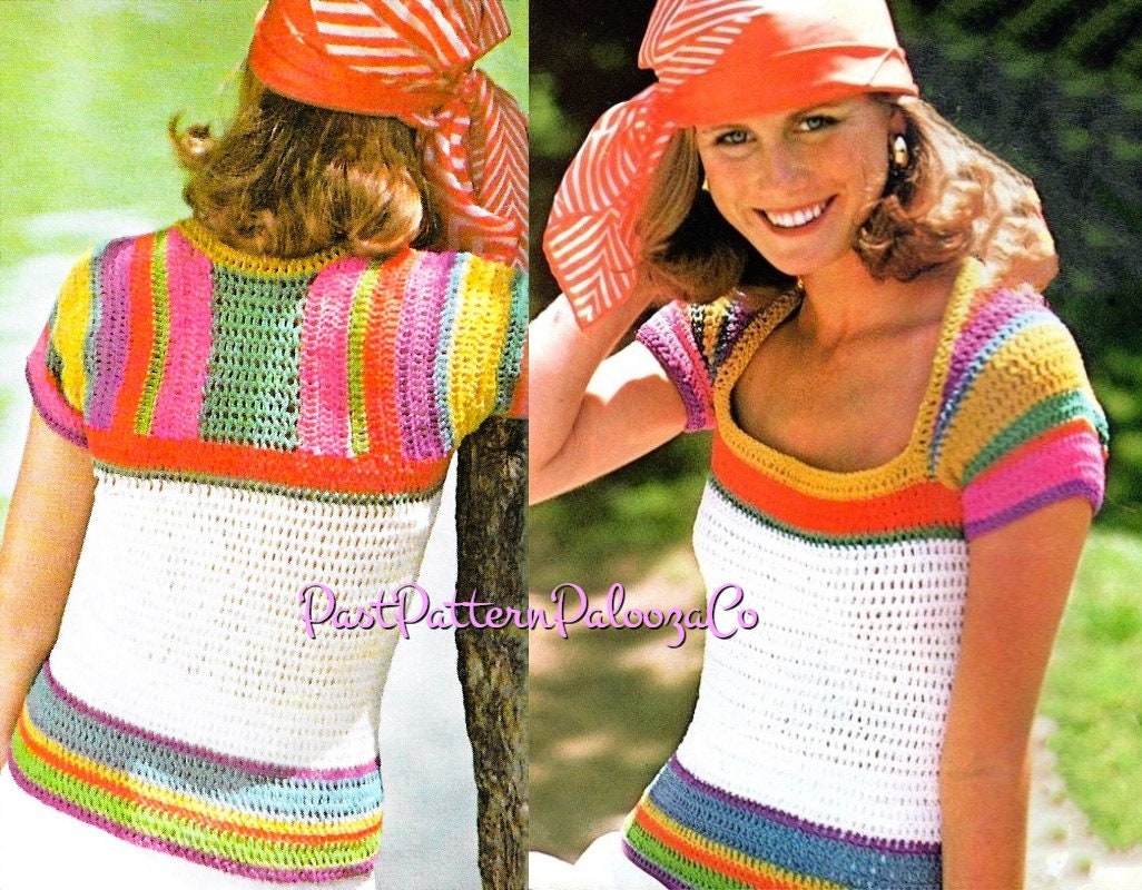 Vintage Crochet Pattern Womens Rainbow Sleeved Top PDF Instant Digital Download Retro Summer Short Jumper Hippie Boho Chic 4 Ply