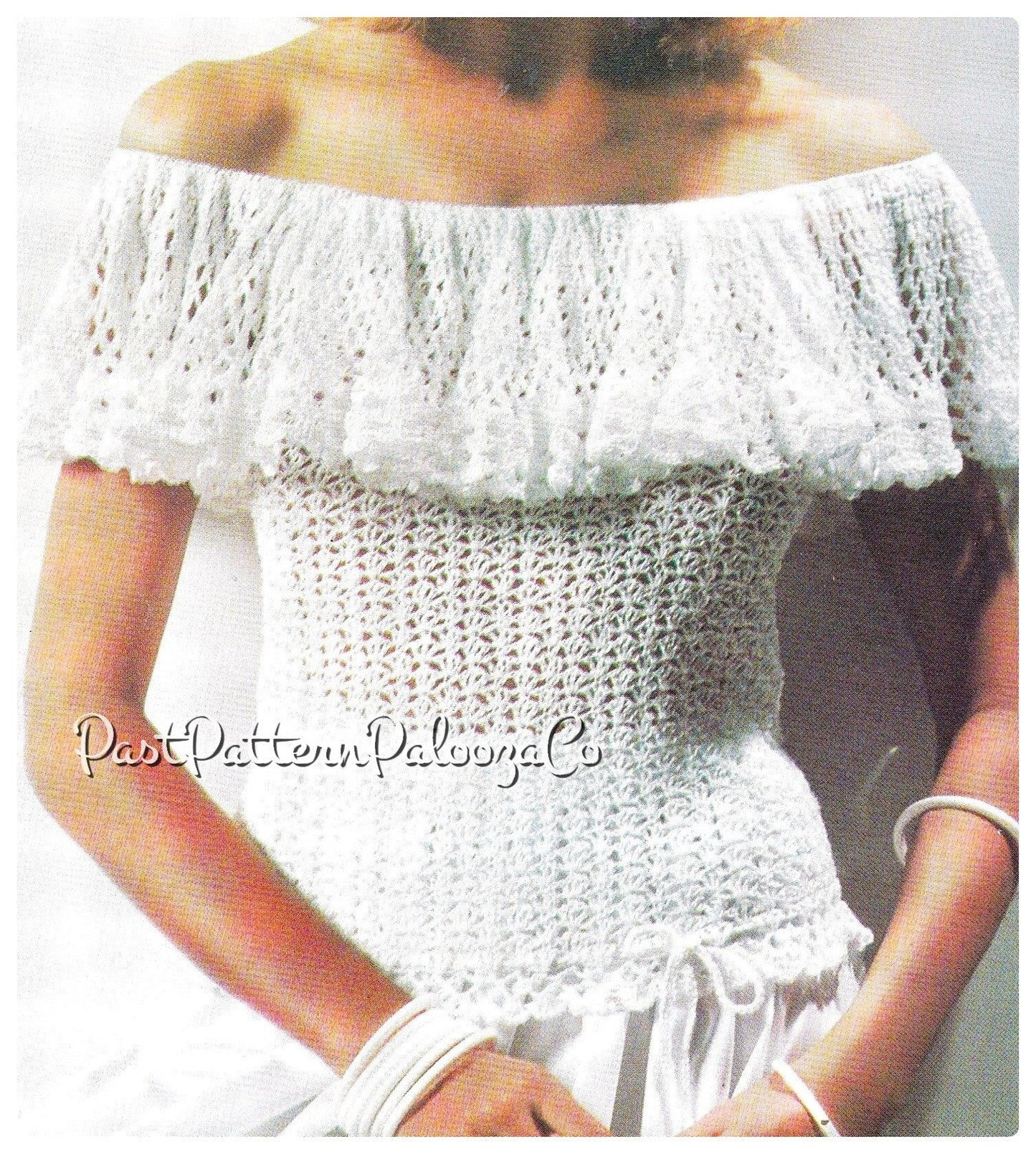 Vintage Crochet Pattern Womens Feminine Ruffles & Shells Cotton Top PDF Instant Digital Download Retro Summer Off Shoulder Ruffled Collar