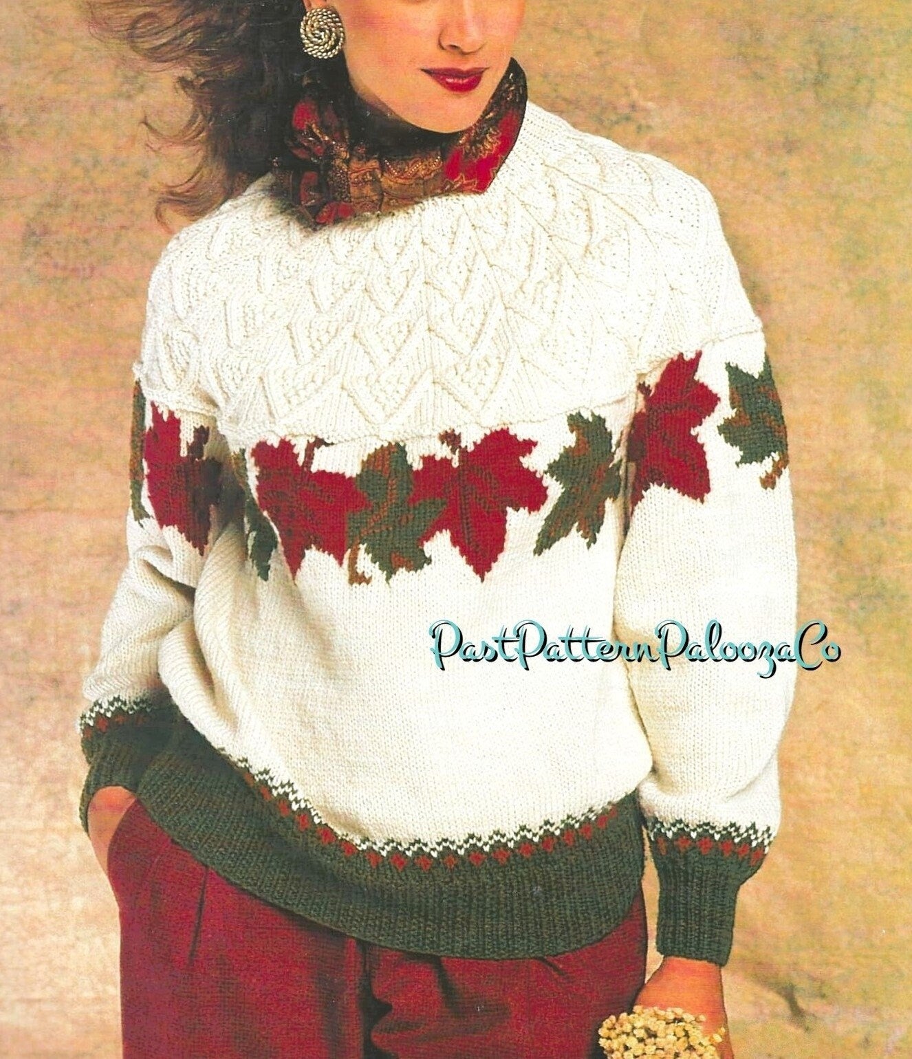 Vintage Knitting Pattern Womens Pretty Autumn Leaves Sweater Fair Isle Yoke PDF Instant Digital Download Fairisle Pullover Jumper 10 Ply