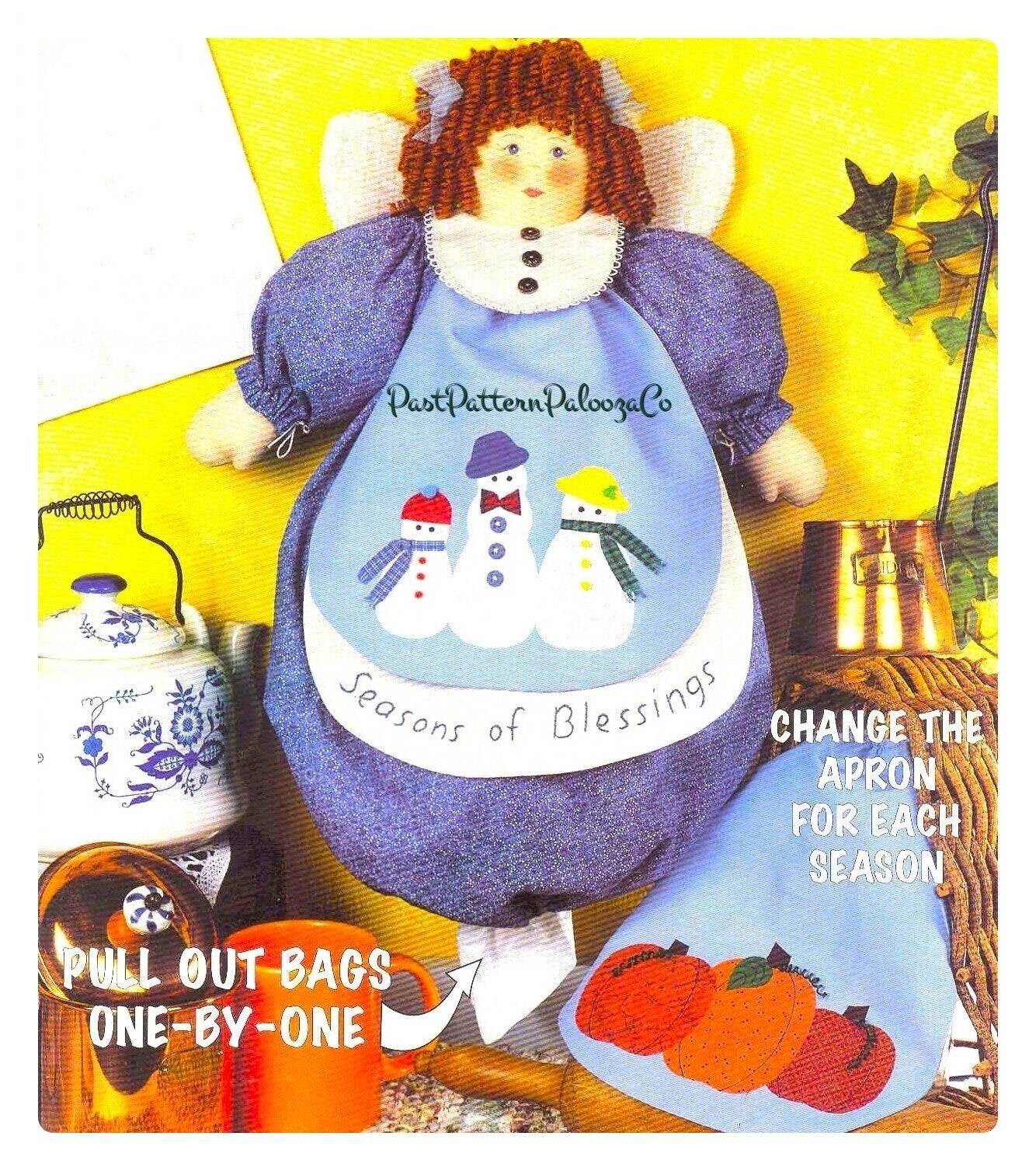 Vintage Sewing Pattern Angel Kitchen Bag Holders Catchers with Seasonal Aprons PDF Instant Digital Download Fabric Plastic Bag Organizers