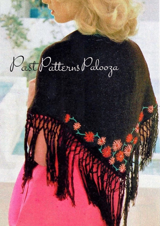 Vintage Knitting Pattern Womens Retro Fringed Shawl Embroidered Flowers PDF Instant Digital Download Boho Floral Shoulder Wrap 4 Ply