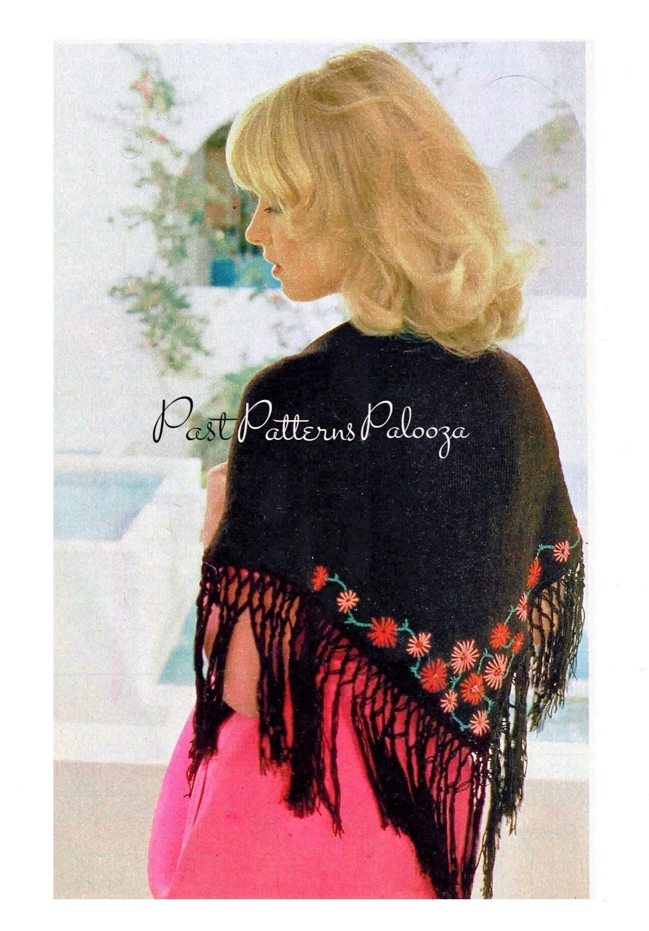 Vintage Knitting Pattern Womens Retro Fringed Shawl Embroidered Flowers PDF Instant Digital Download Boho Floral Shoulder Wrap 4 Ply