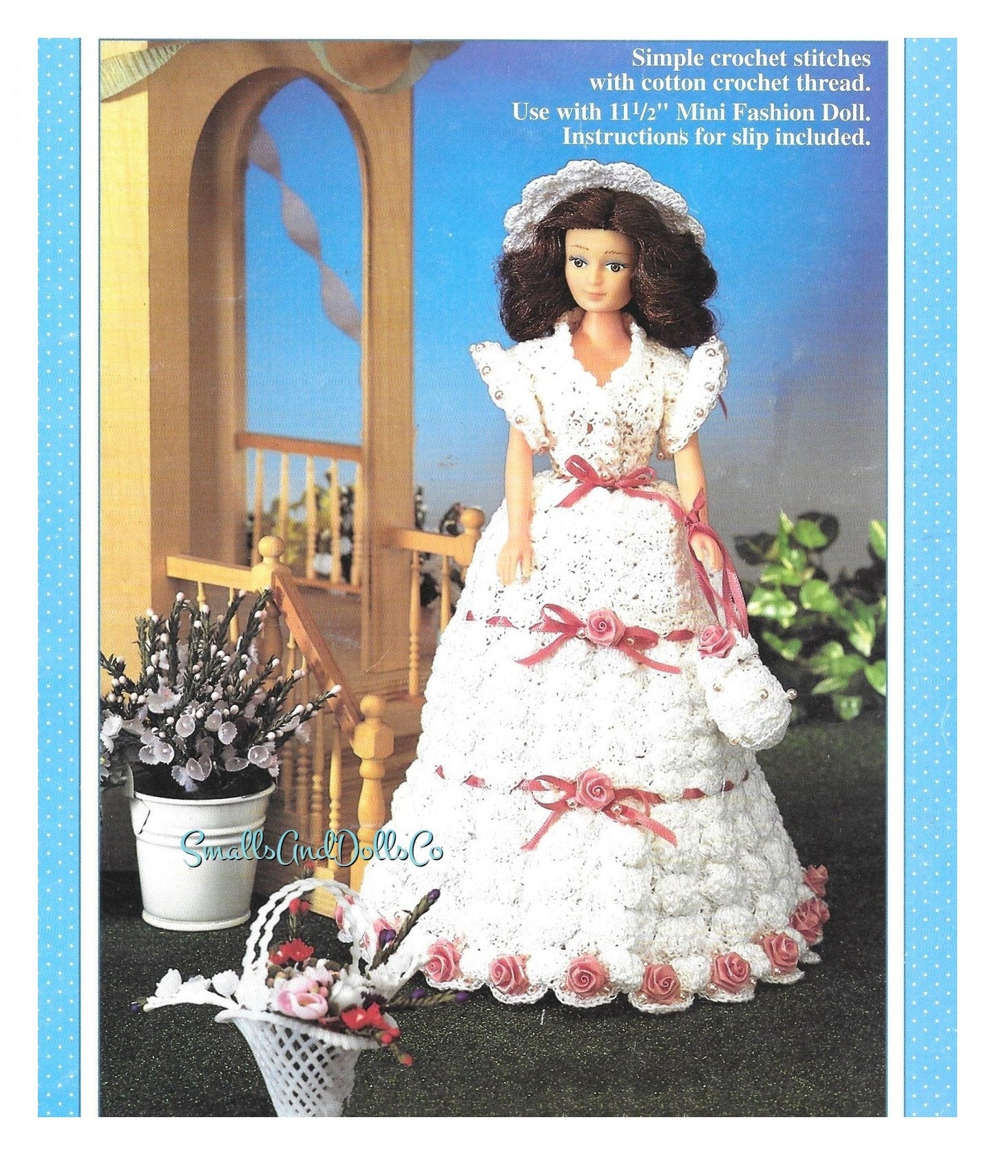 Vintage Crochet Pattern 11.5" Fashion Doll Pretty Garden Party Dress Outfit PDF Instant Digital Download Roses Ribbons Embellished Gown Hat