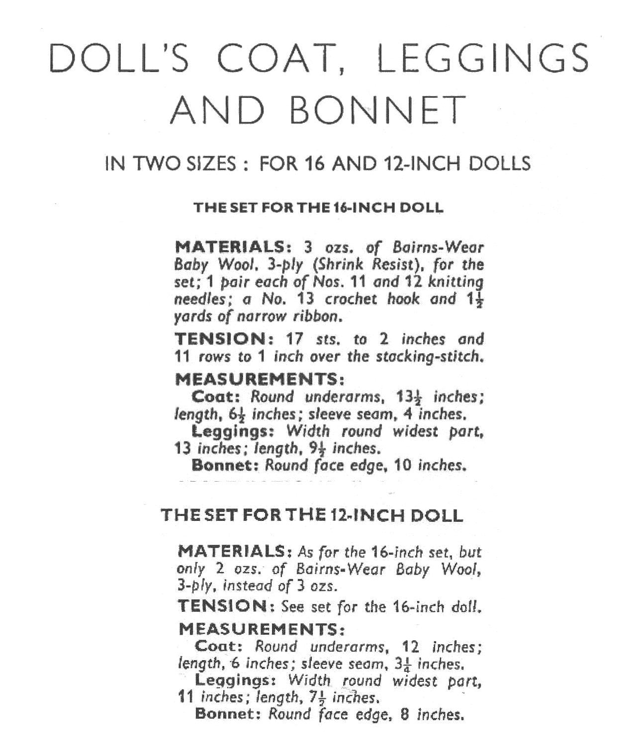 Vintage Knitting Pattern Doll Clothes 12 and 16 Inch Baby Dolls 3 Piece Sets Coat Bonnet Leggings PDF Instant Digital Download 3 Ply