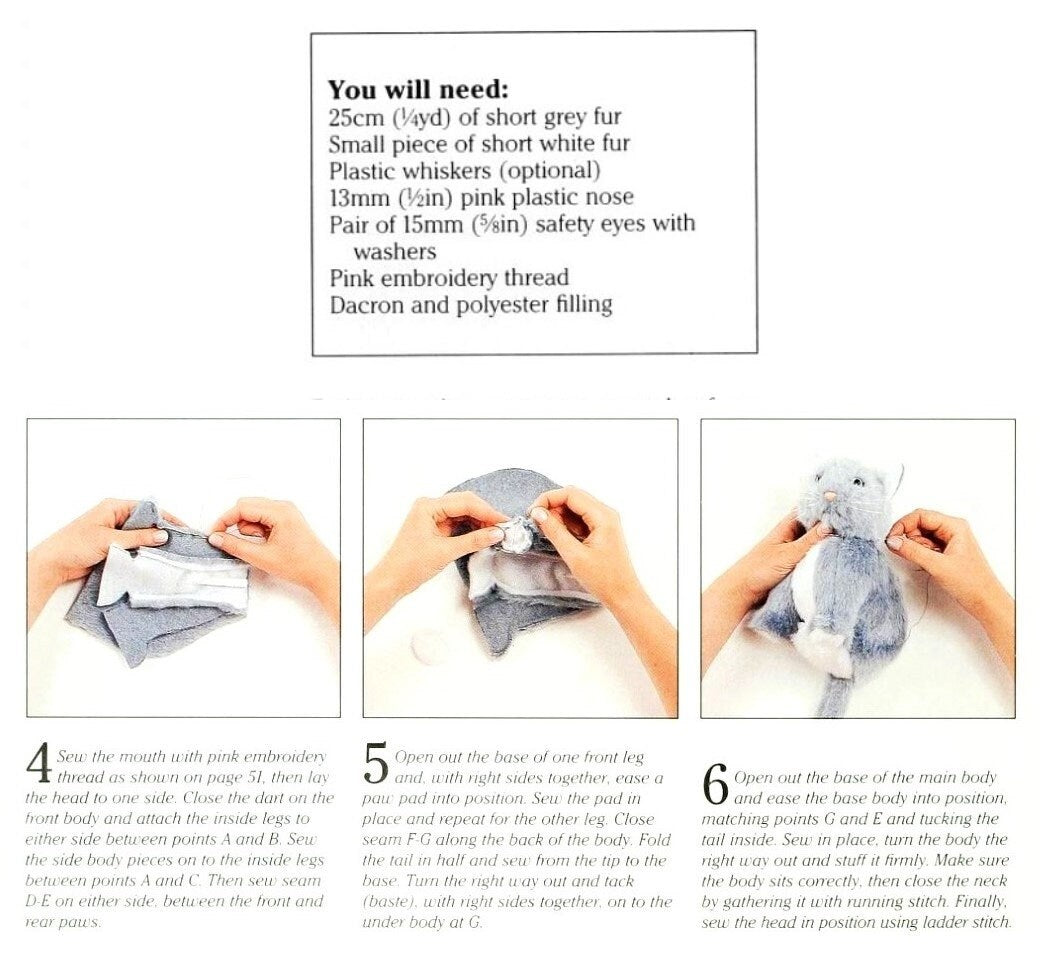 Vintage Sewing Pattern 10" Grey Kitten Faux Fur Fabric Soft Sculpture Plush Toys PDF Instant Digital Download Stuffed Realistic Sitting Cat