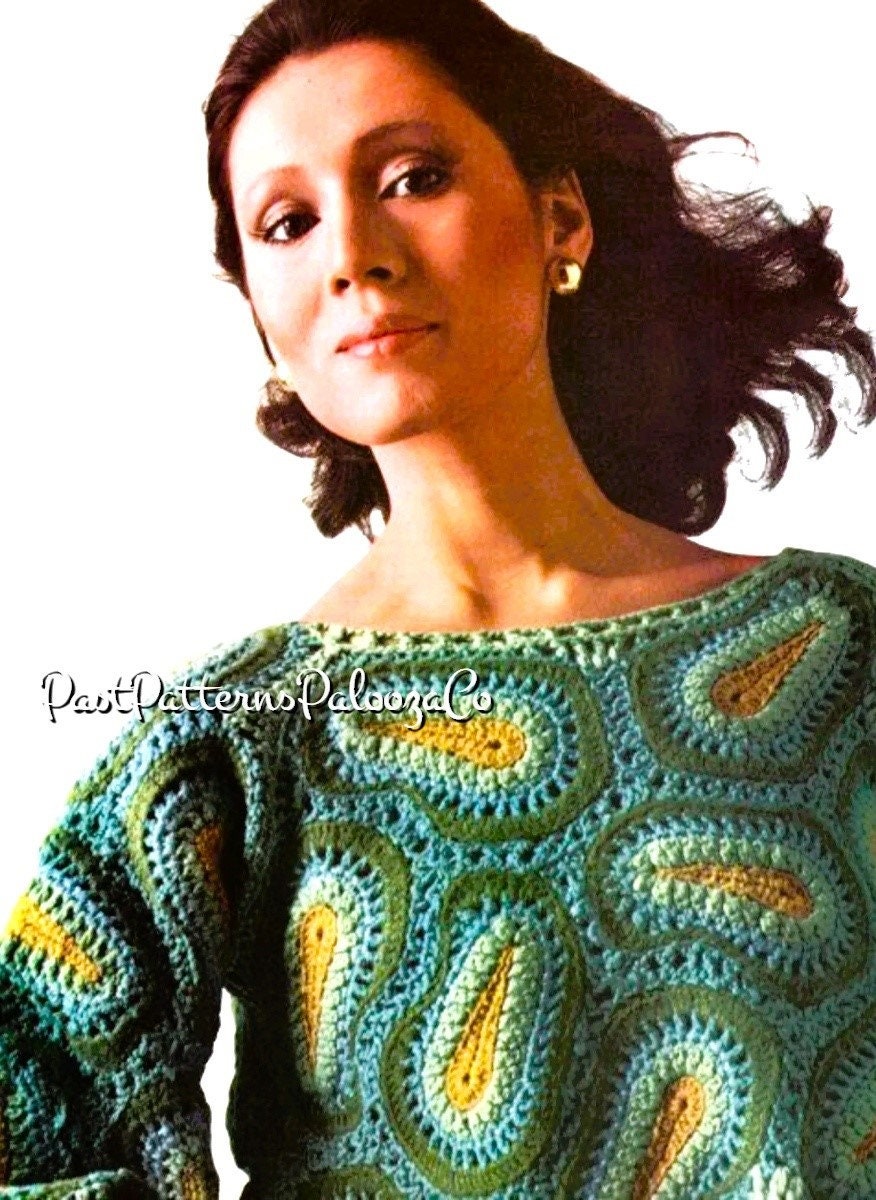 Vintage Crochet Pattern Womens Paisley Motif Blouse Crop Top PDF Instant Digital Download Retro Boho Hippie Chic 10 Ply