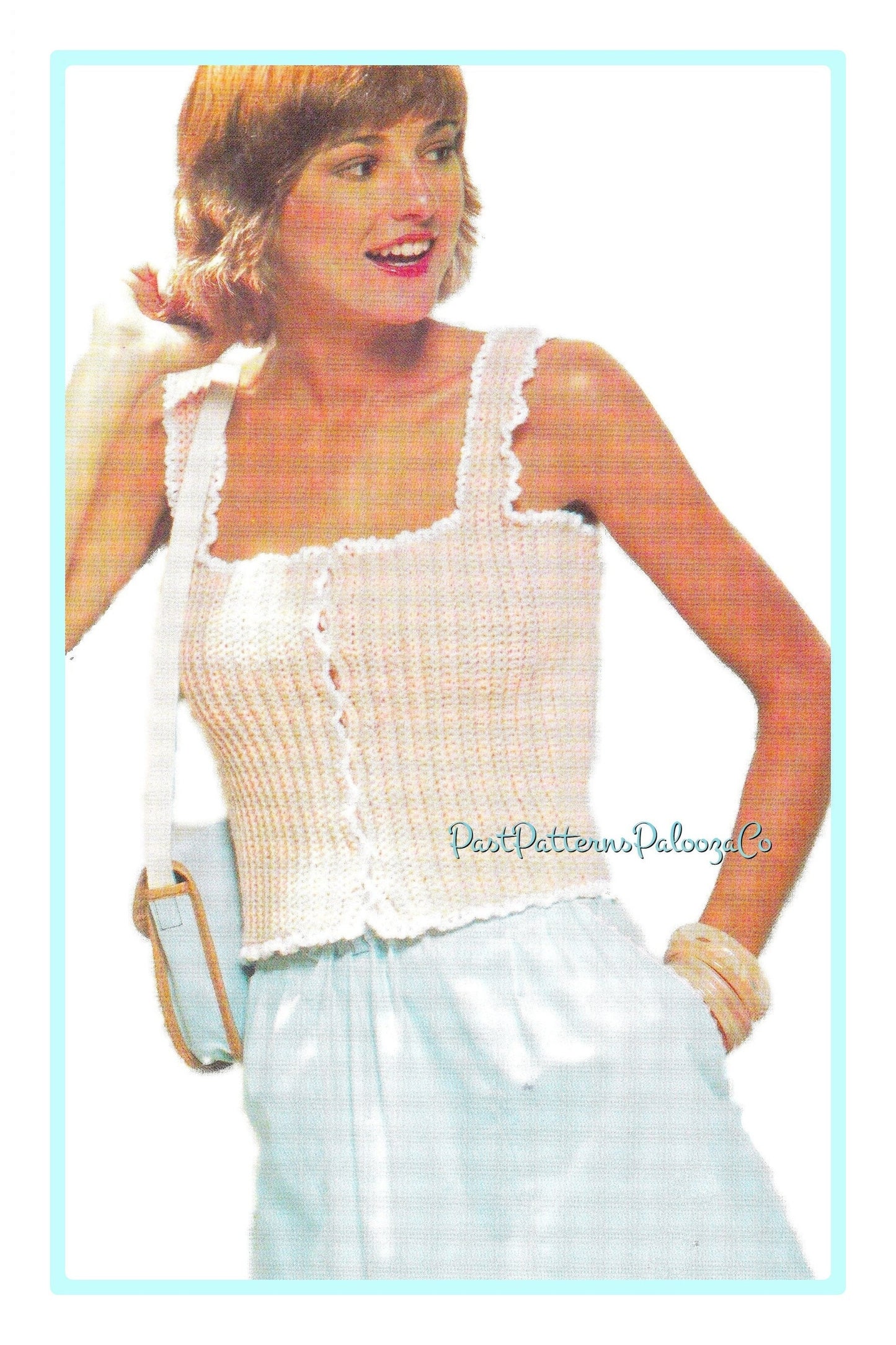 Vintage Crochet Pattern Womens Ribbed Camisole Vest Summer Tank Top Ruffled Edging PDF Instant Digital Download Pretty Cropped Cami 10 Ply