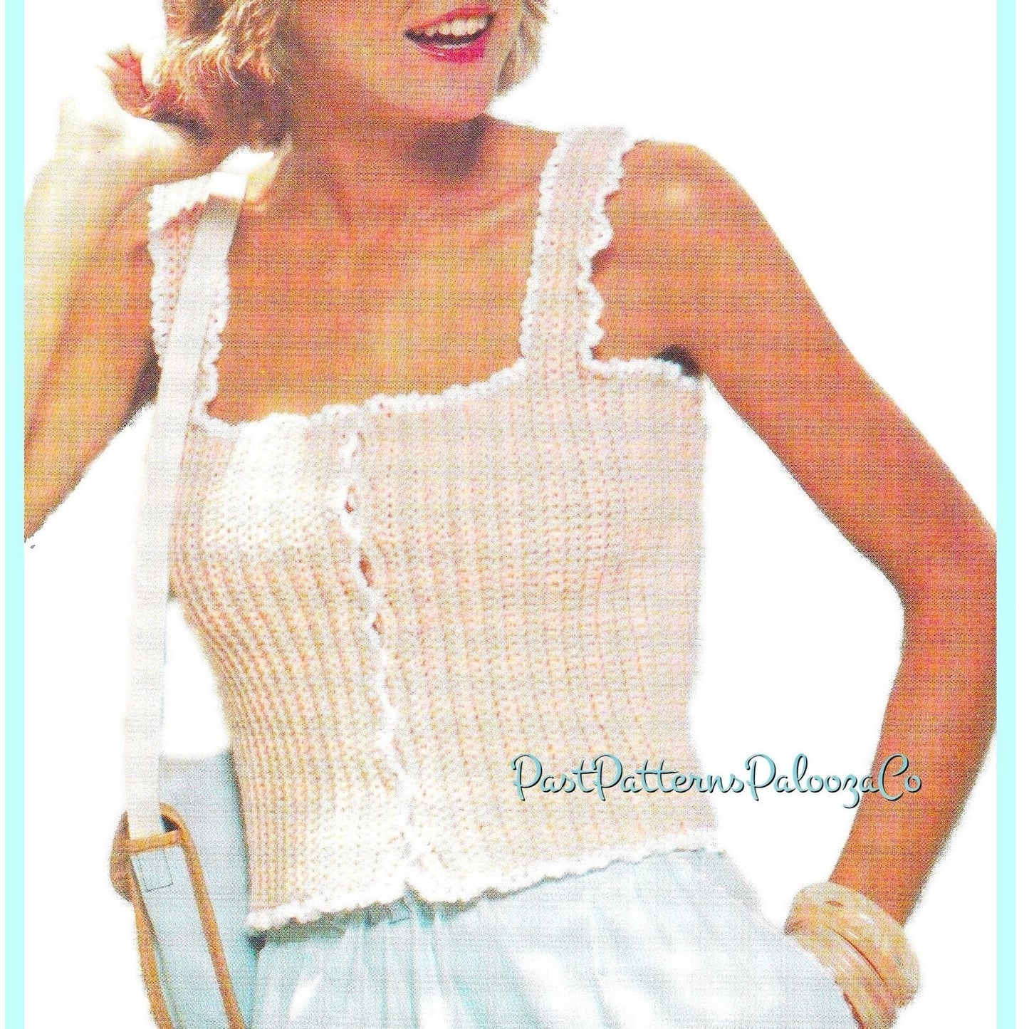 Vintage Crochet Pattern Womens Ribbed Camisole Vest Summer Tank Top Ruffled Edging PDF Instant Digital Download Pretty Cropped Cami 10 Ply