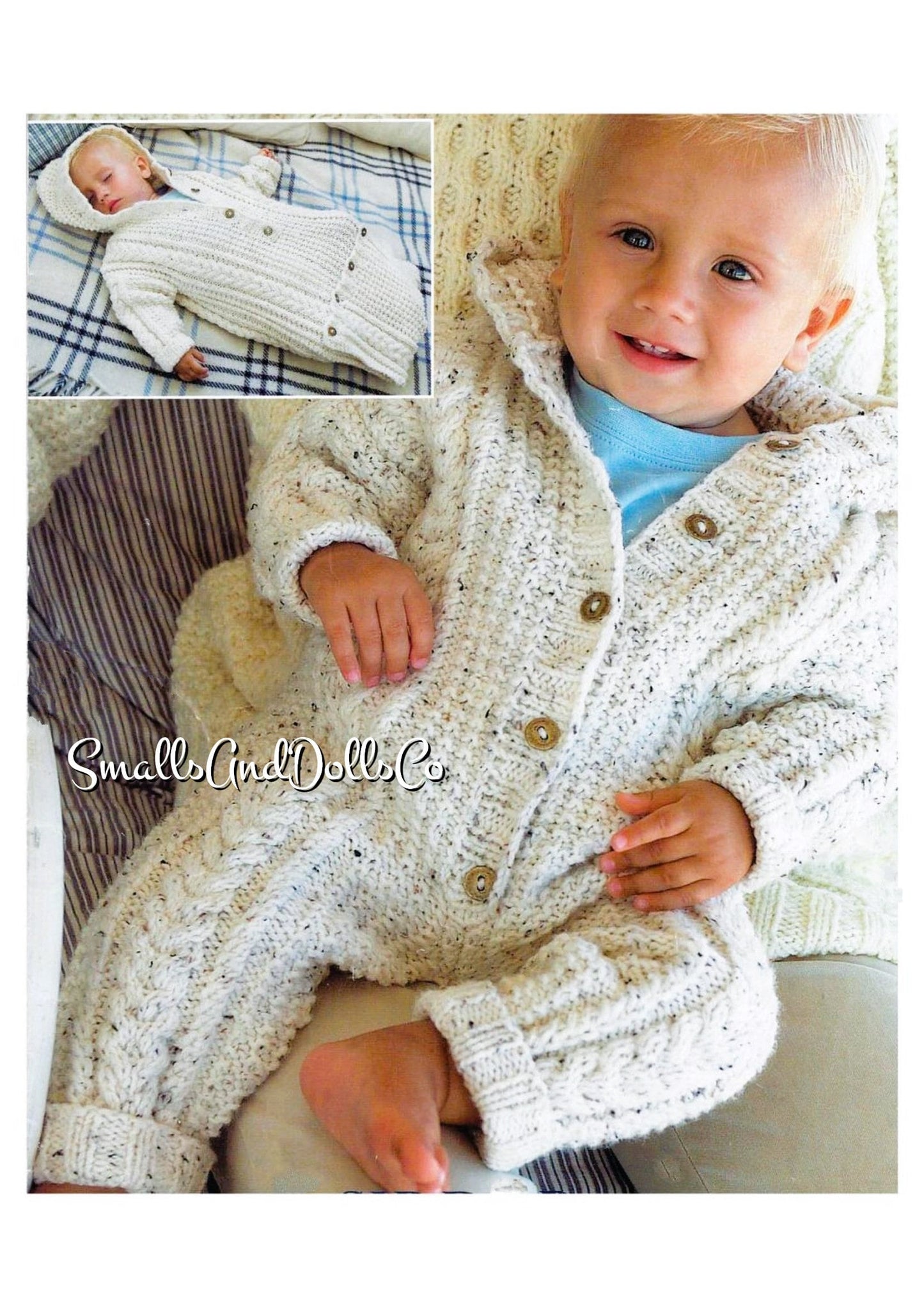 Vintage Knitting Pattern Aran Cabled Baby Sleep Sack Bag and All In One Suit Jumper 0-2 yrs