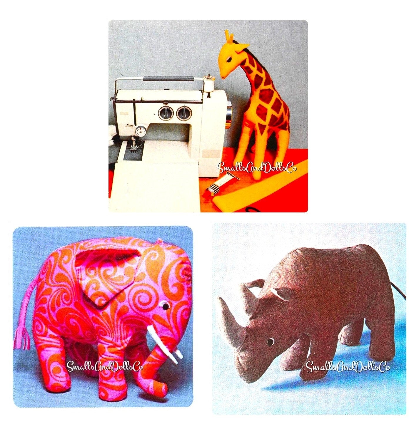 Vintage Sewing Pattern Giraffe Elephant Rhino Soft Sculpture Toy Dolls PDF Instant Digital Download Retro Zoo Safari Jungle Stuffed Animals