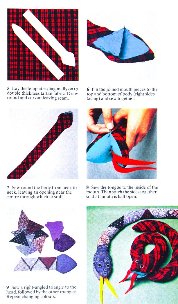 Vintage Sewing Pattern Large 48" Patchwork or Tartan Snake Soft Sculpture Toy Doll PDF Instant Digital Download Stuffed Reptile Animal