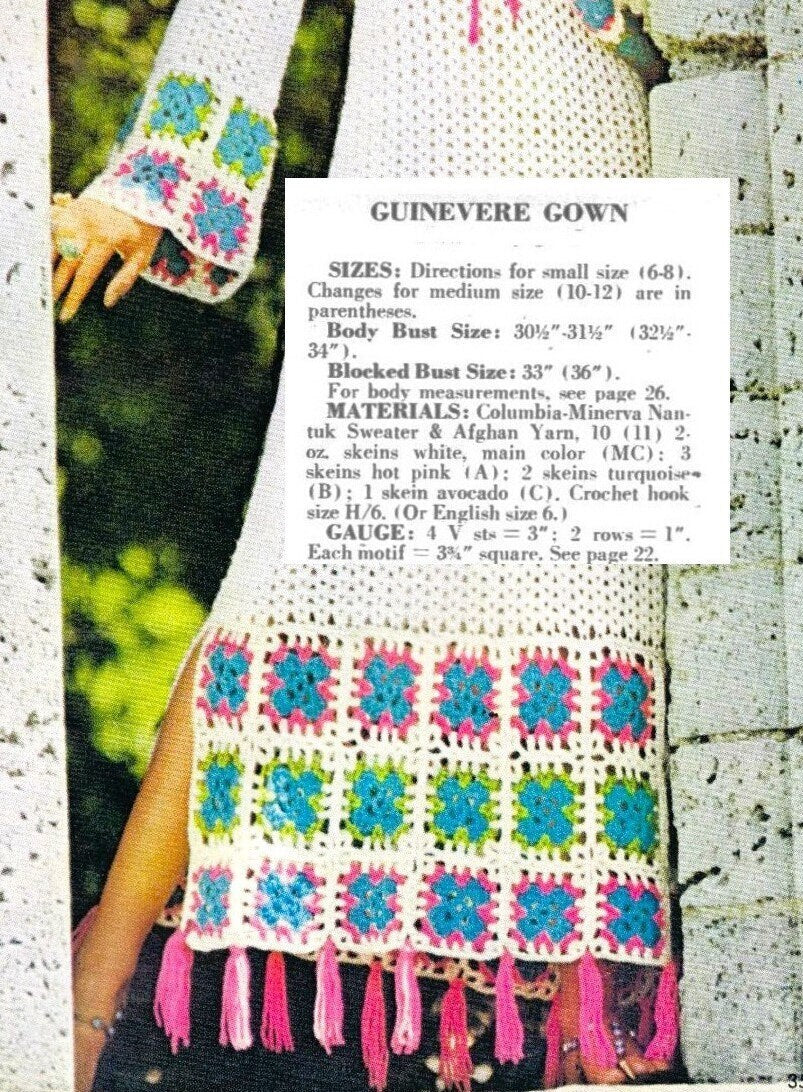 Vintage Crochet Pattern Womens Romantic Medieval Maxi Gown Granny Squares Trim Dress Retro Guinevere Tunic PDF Instant Digital Download