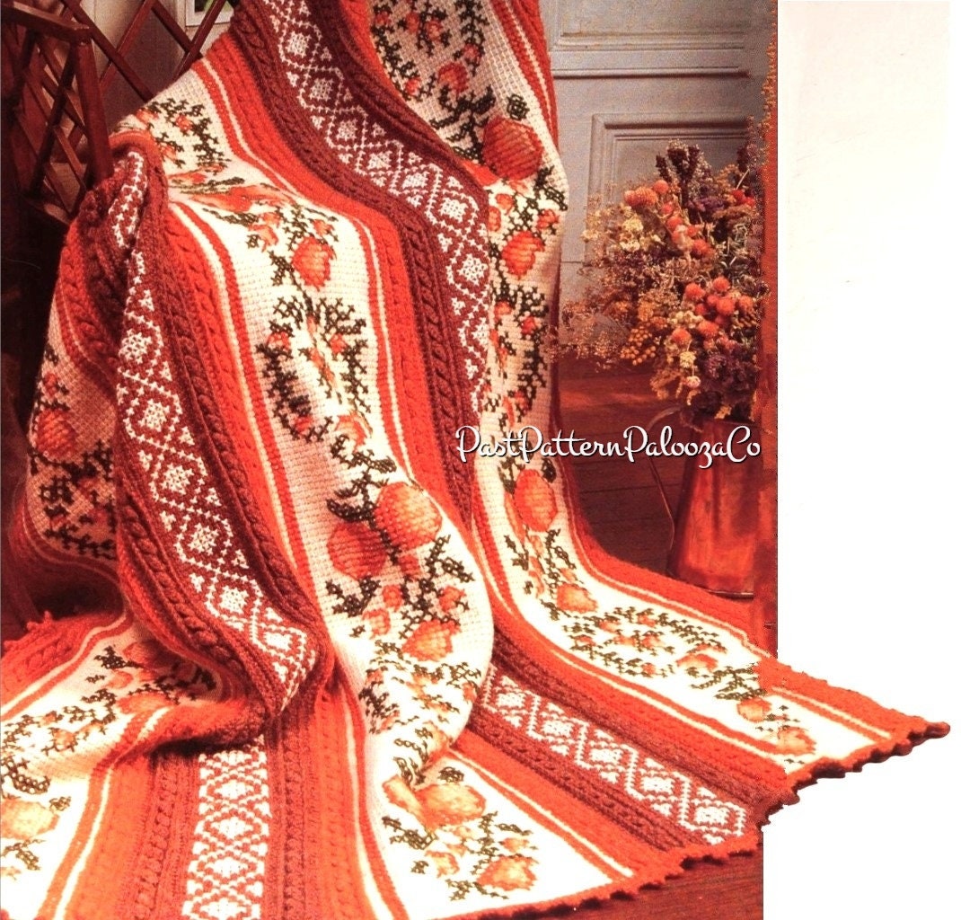 Vintage Crochet Afghan Pattern Autumn Bounty Harvest Glow Blanket Tunisian Stitch PDF Instant Digital Download Fruit Motif Design 10 Ply