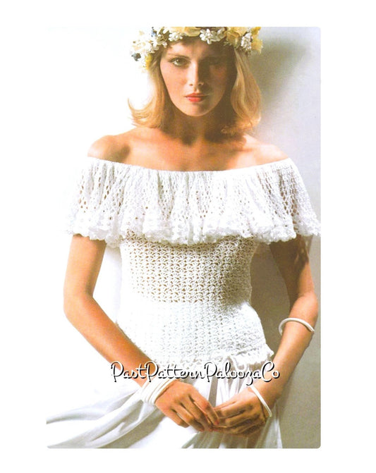 Vintage Crochet Pattern Womens Feminine Ruffles & Shells Cotton Top PDF Instant Digital Download Retro Summer Off Shoulder Ruffled Collar